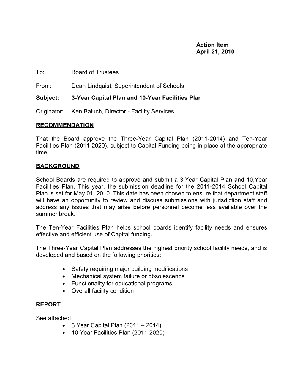 Subject:3-Year Capital Plan and 10-Year Facilities Plan