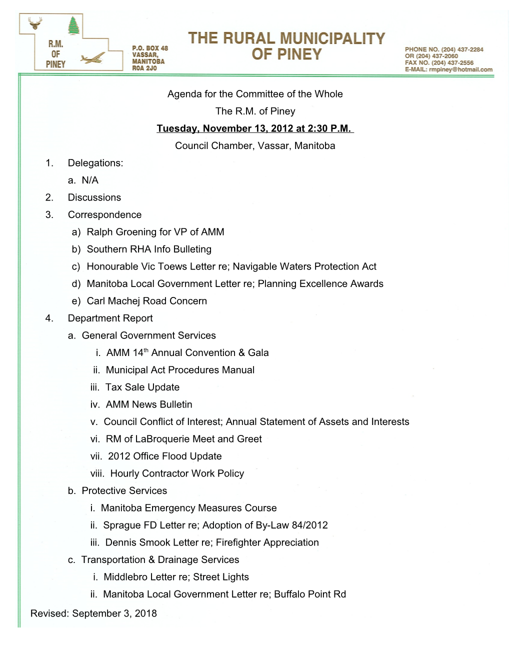 Agenda for the Organizational Meeting of the Council of the R