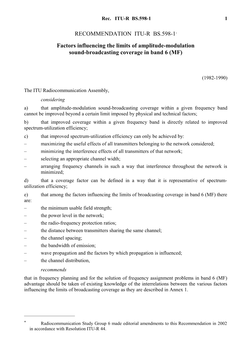 RECOMMENDATION ITU-R BS.598-1 - Factors Influencing the Limits of Amplitude-Modulation