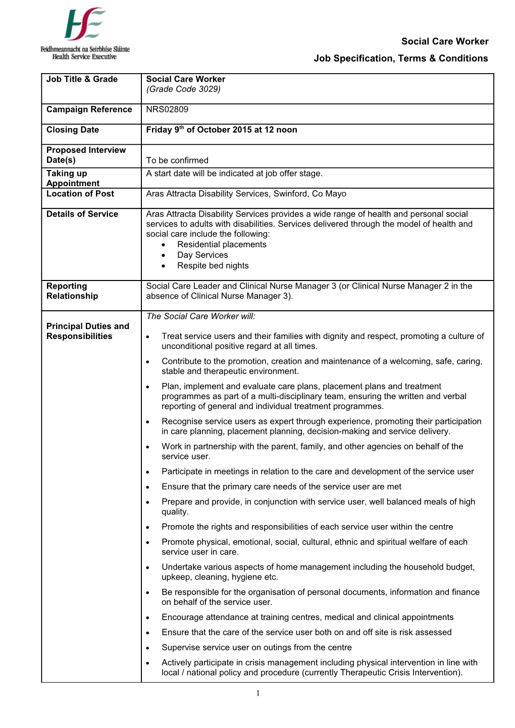 Job Specification, Terms & Conditions
