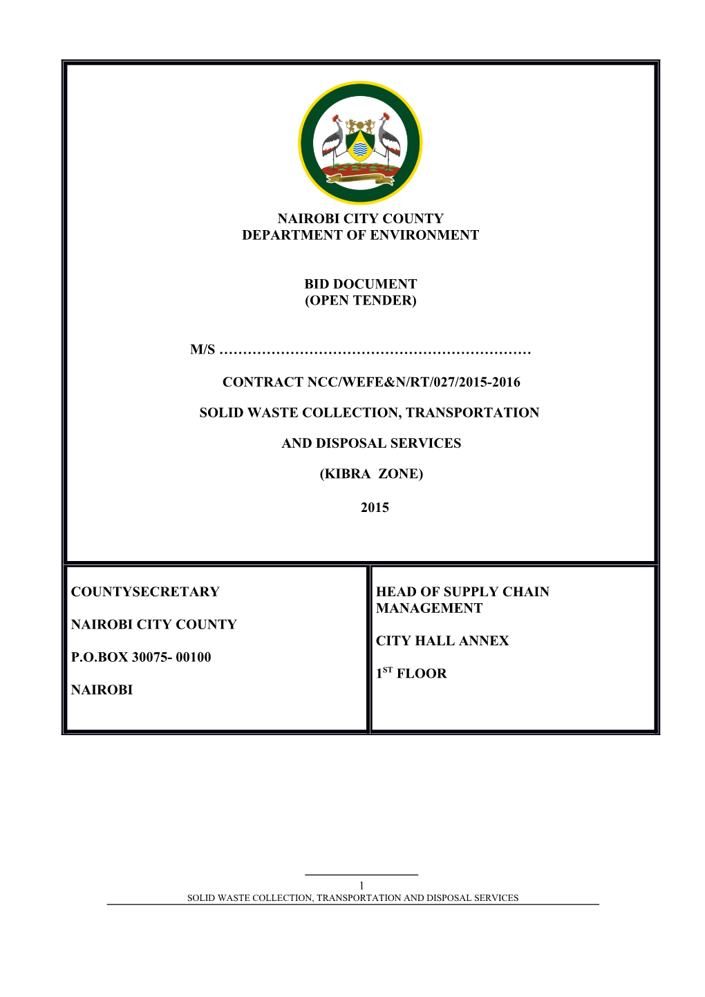 Nairobi City County Ncc/Wefe&N/Rt/027/2015-2016