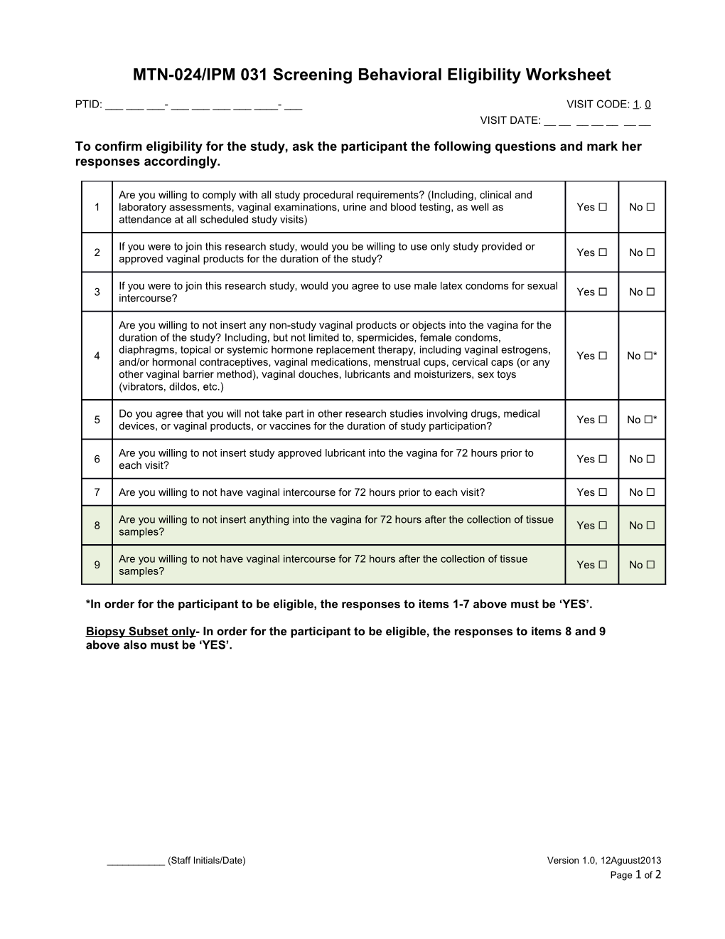 Screening Behavioral Eligibility Worksheet (Page 1 of 2)