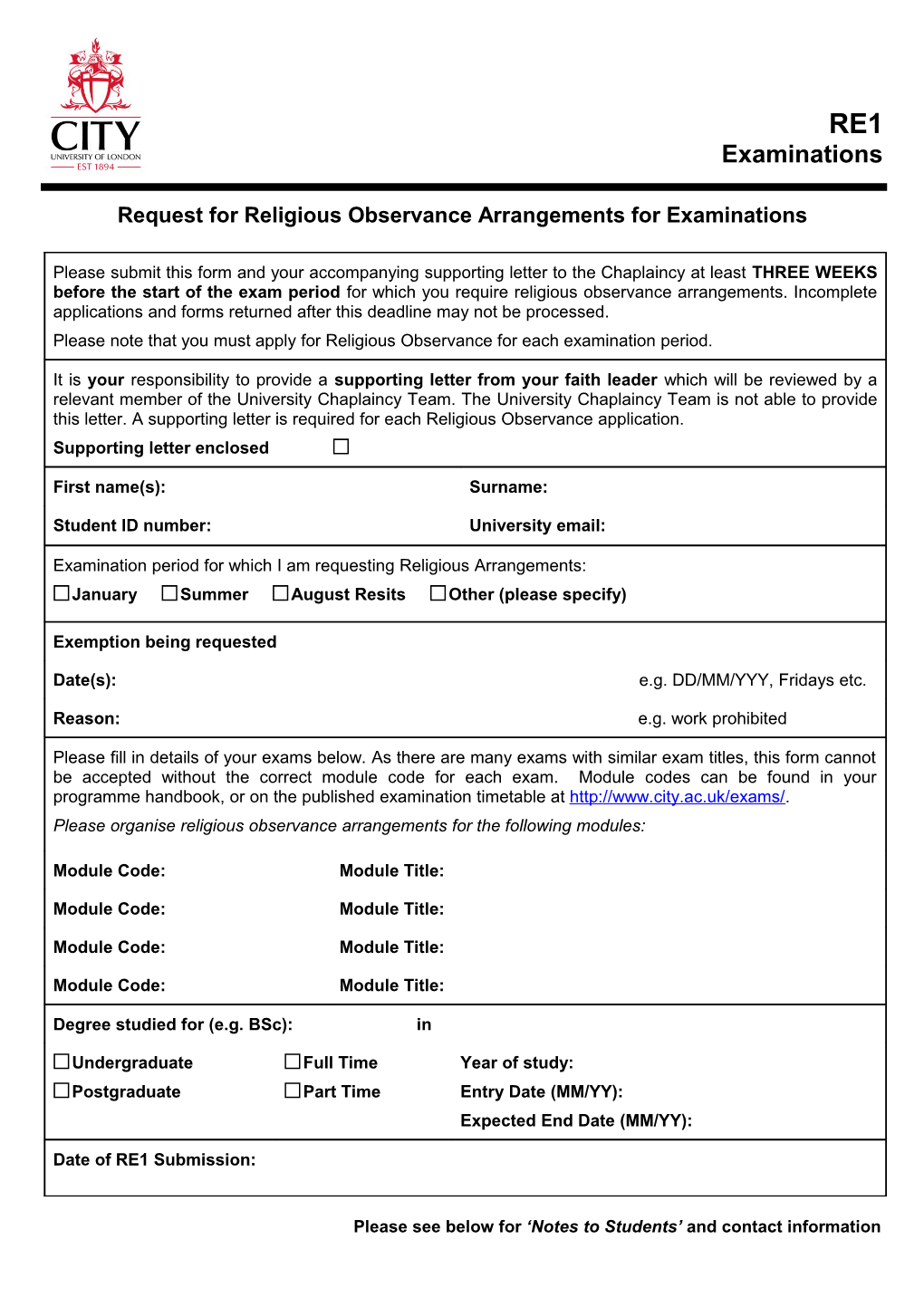 Request for Religious Observance Arrangements for Examinations