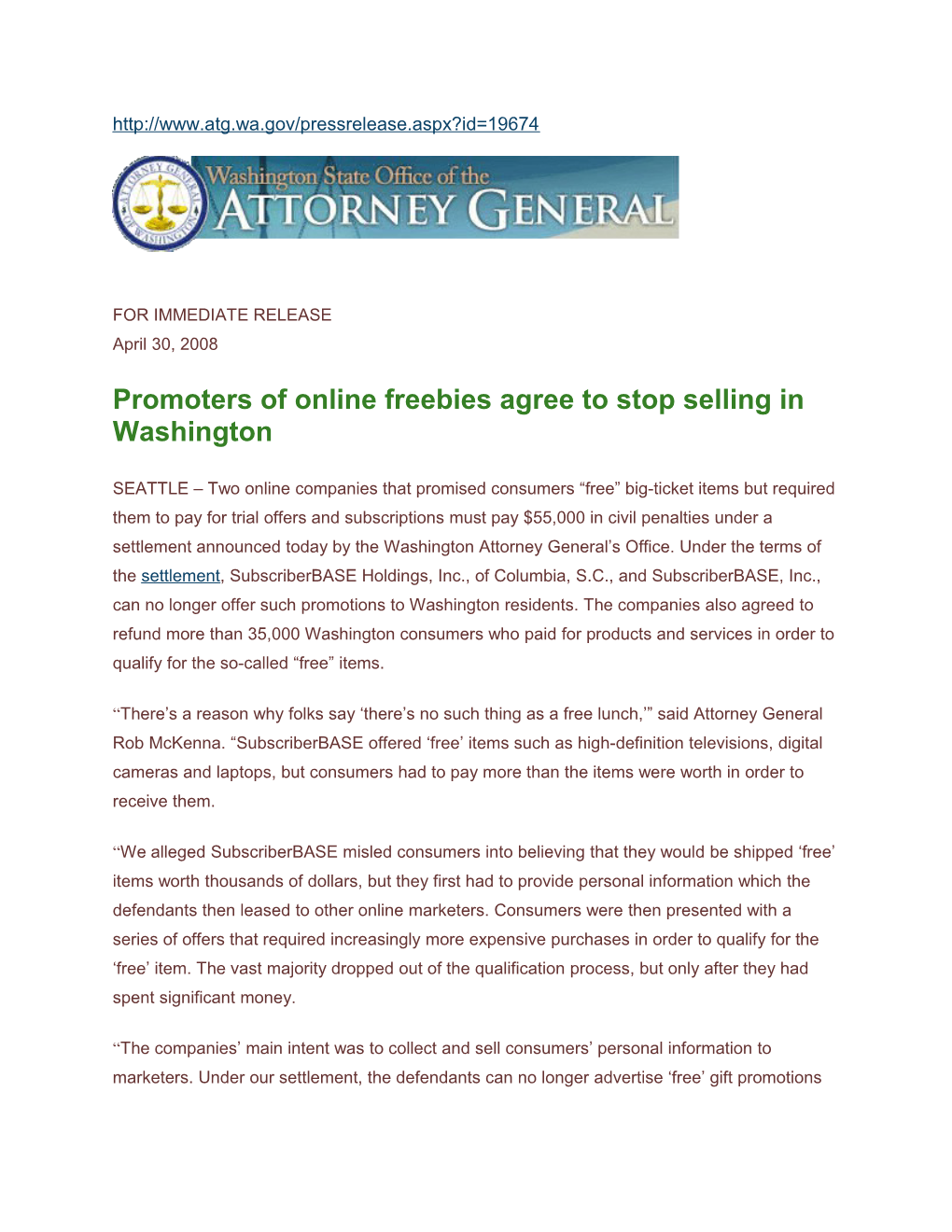 Promoters of Online Freebies Agree to Stop Selling in Washington