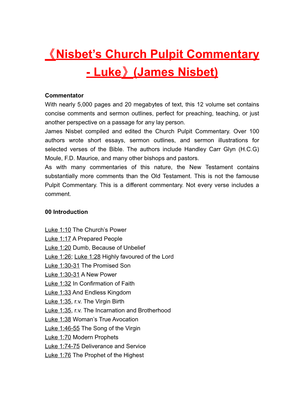 Nisbet S Church Pulpit Commentary - Luke (James Nisbet)