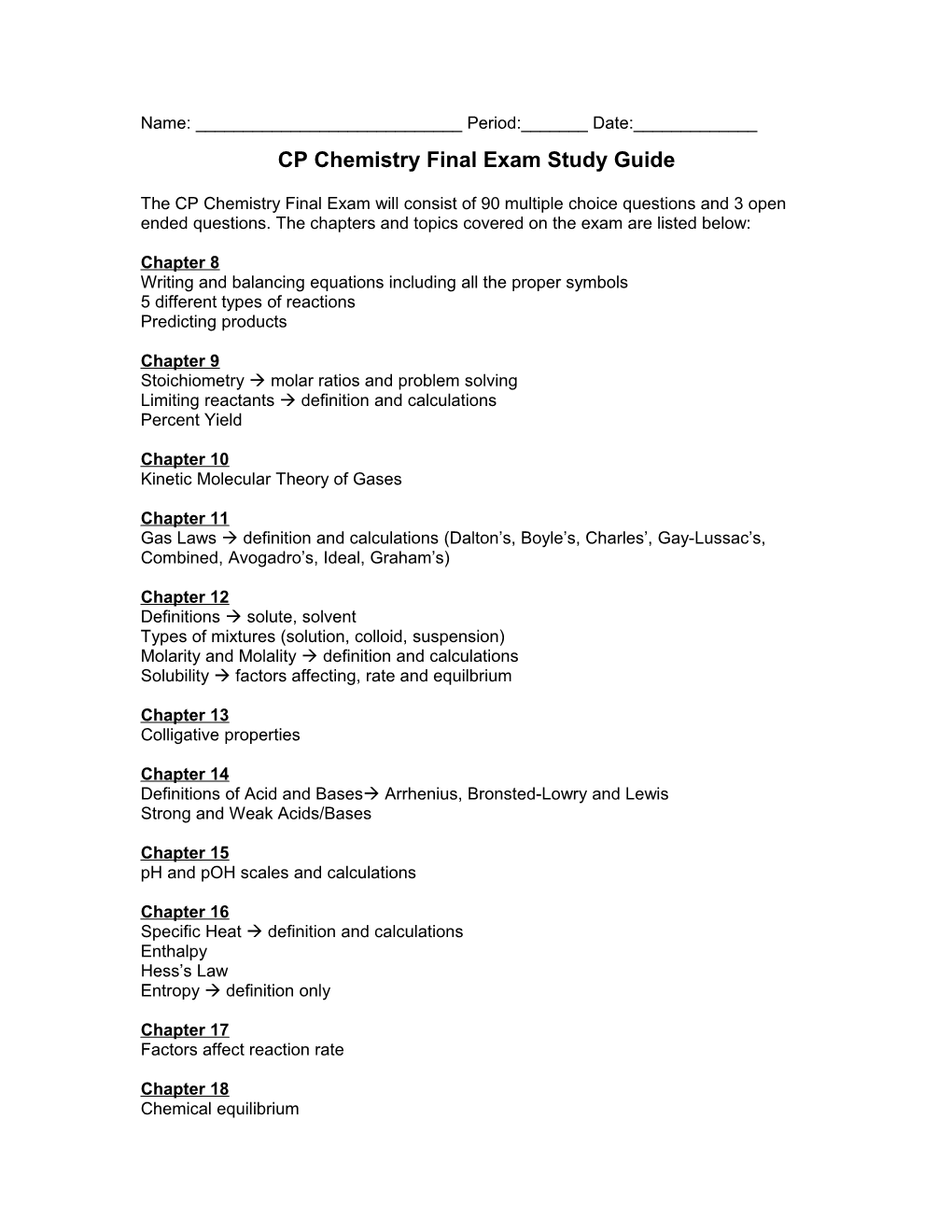 CP Chemistry Final Exam Study Guide