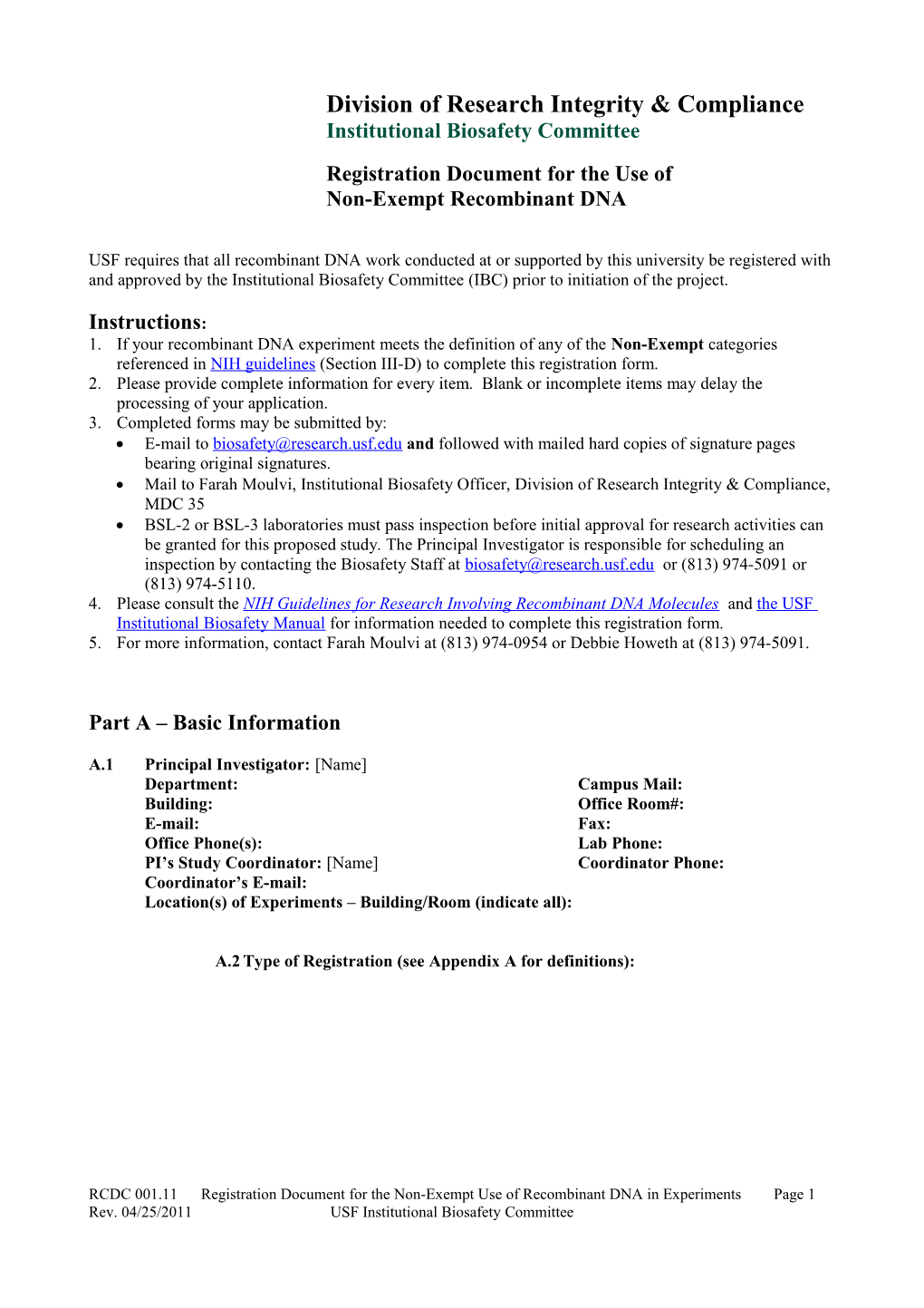 Registration Document for the Use of Non-Exempt Recombinant DNA