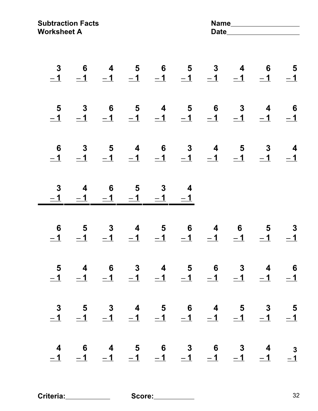 Subtraction Facts Name