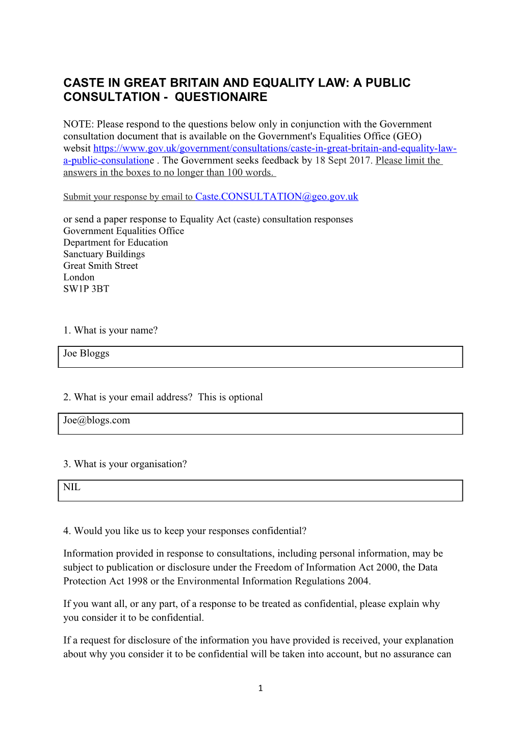 Caste in Great Britain and Equality Law: a Public Consultation - Questionaire