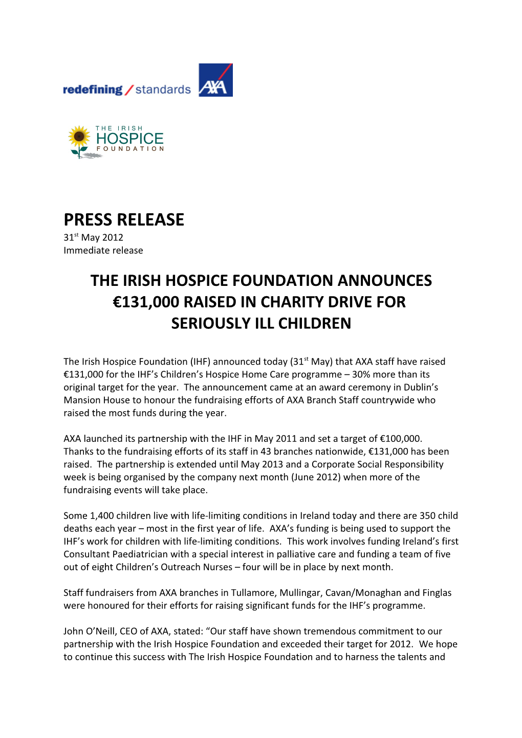 The Irish Hospice Foundation Announces 131,000 Raised in Charity Drive For