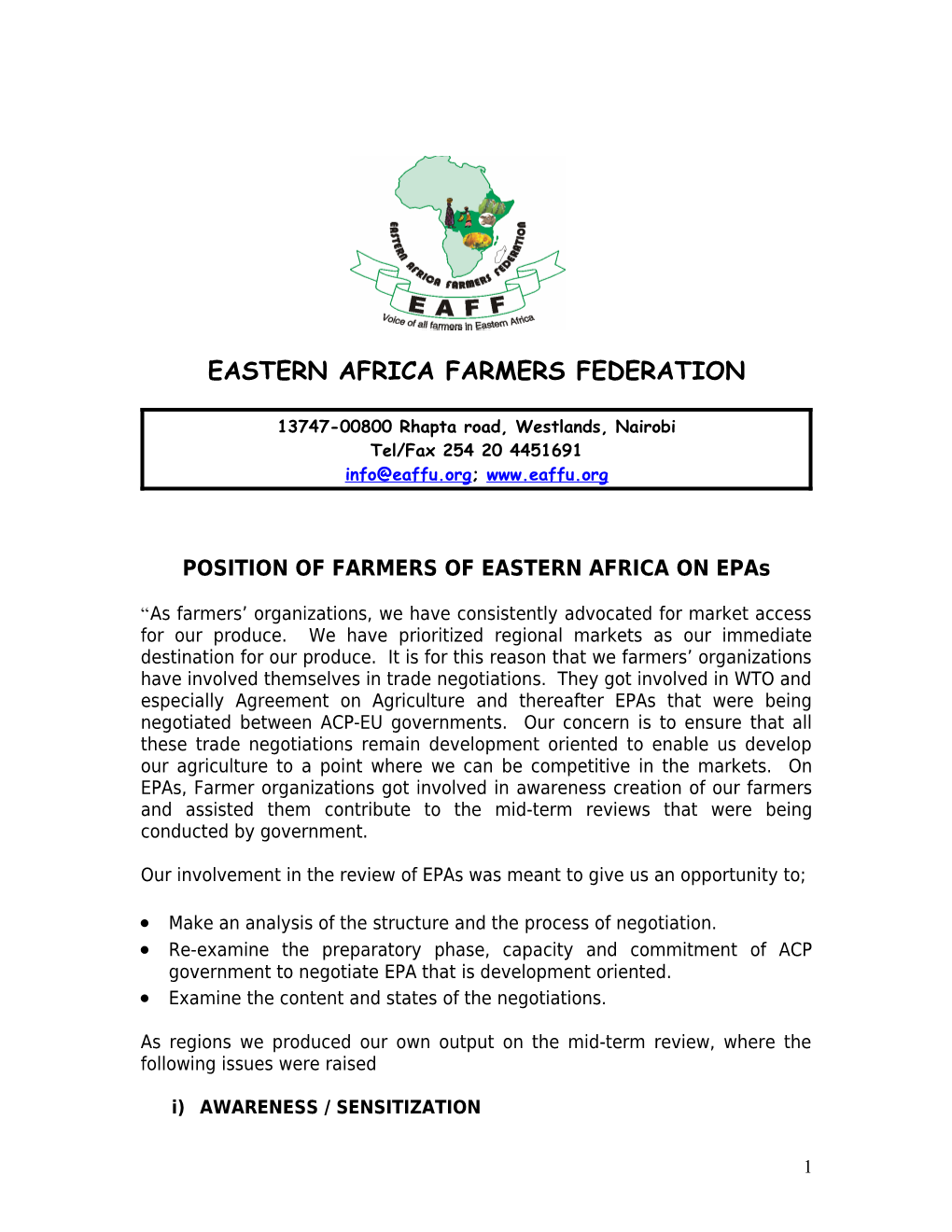 POSITION of FARMERS of EASTERN AFRICA on Epas