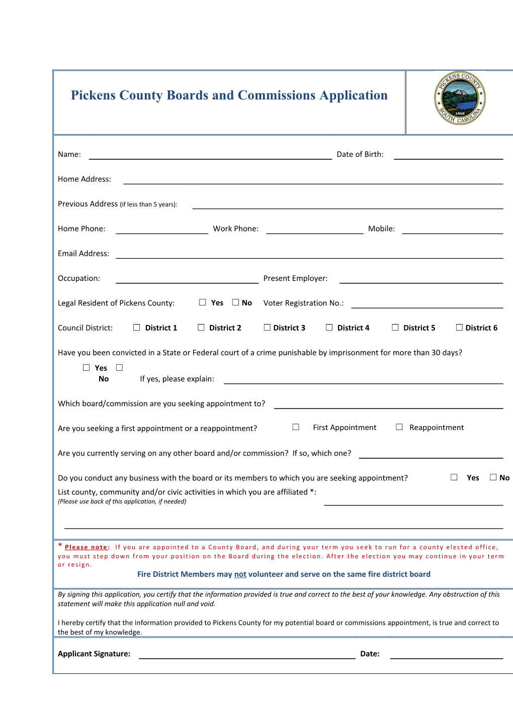 Questionnaire for Pickens County Boards and Commissions