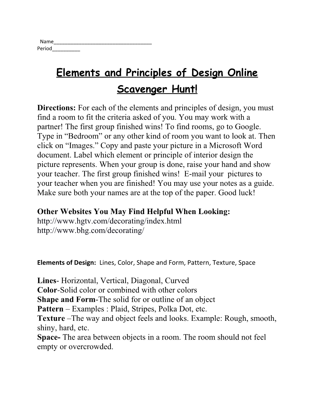 Elements and Principles of Design Online Scavenger Hunt!