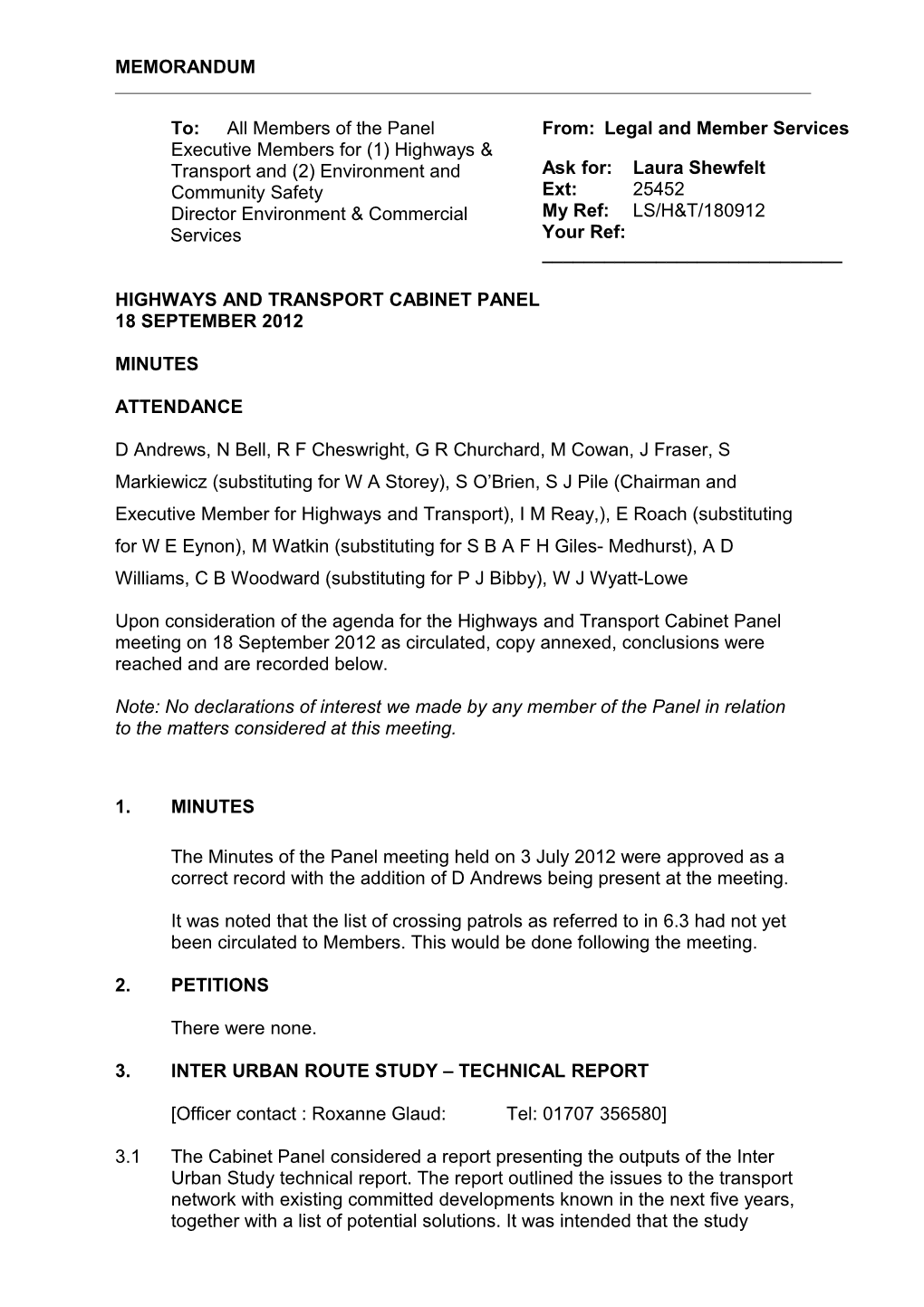 Highway and Transport Cabinet Panel Minutes - 7 September 2010