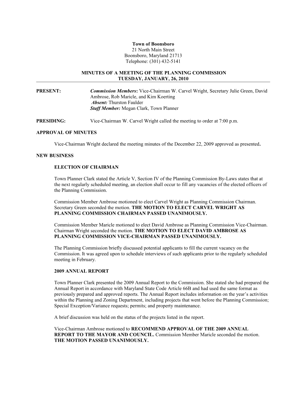 Boonsboro Planning Commission Minutes