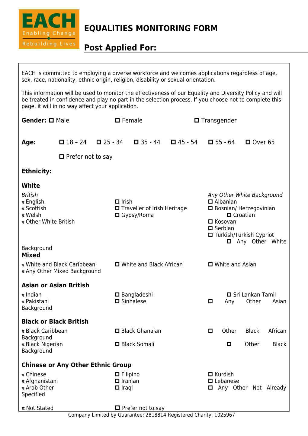 Company Limited by Guarantee: 2818814 Registered Charity: 1025967