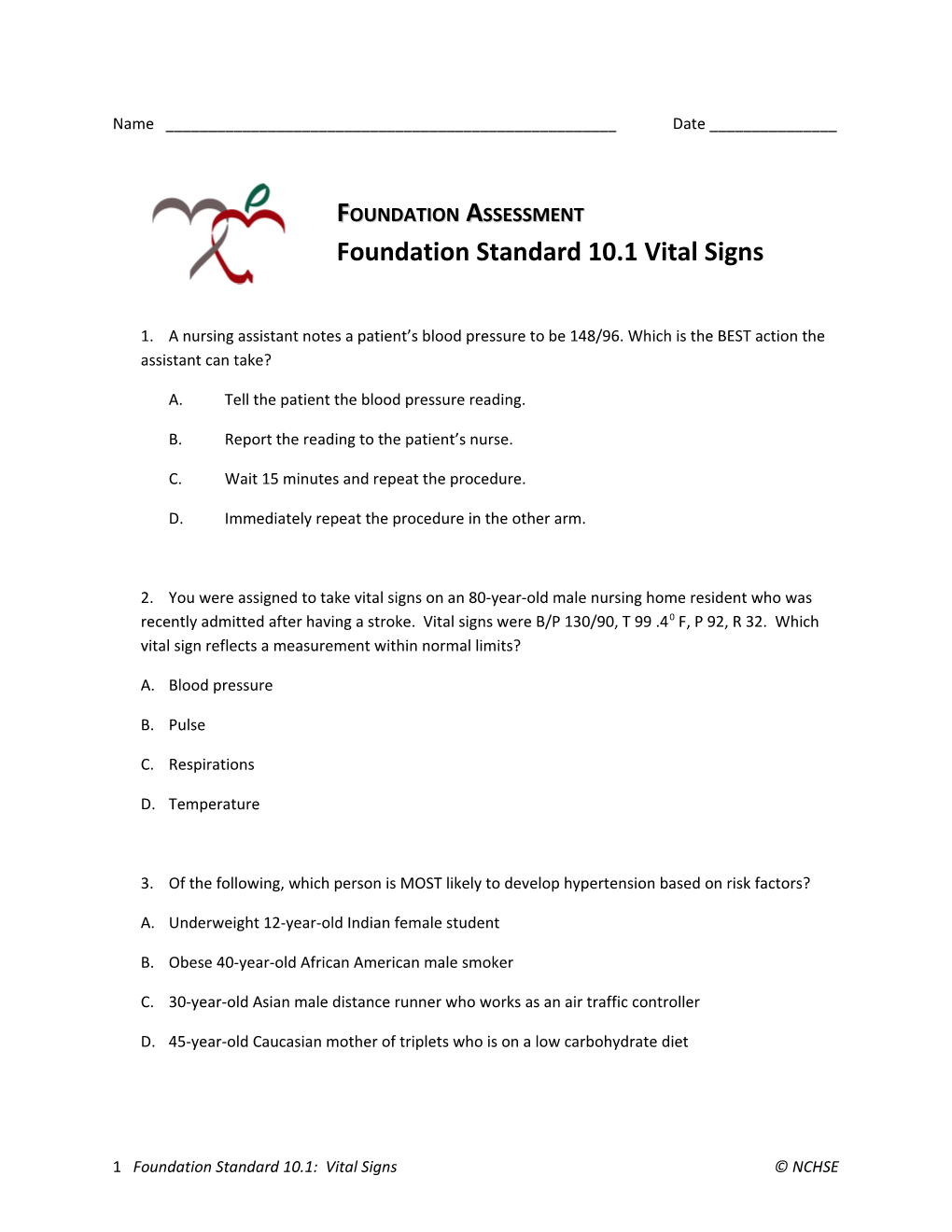 Foundation Standard 10.1 Vital Signs