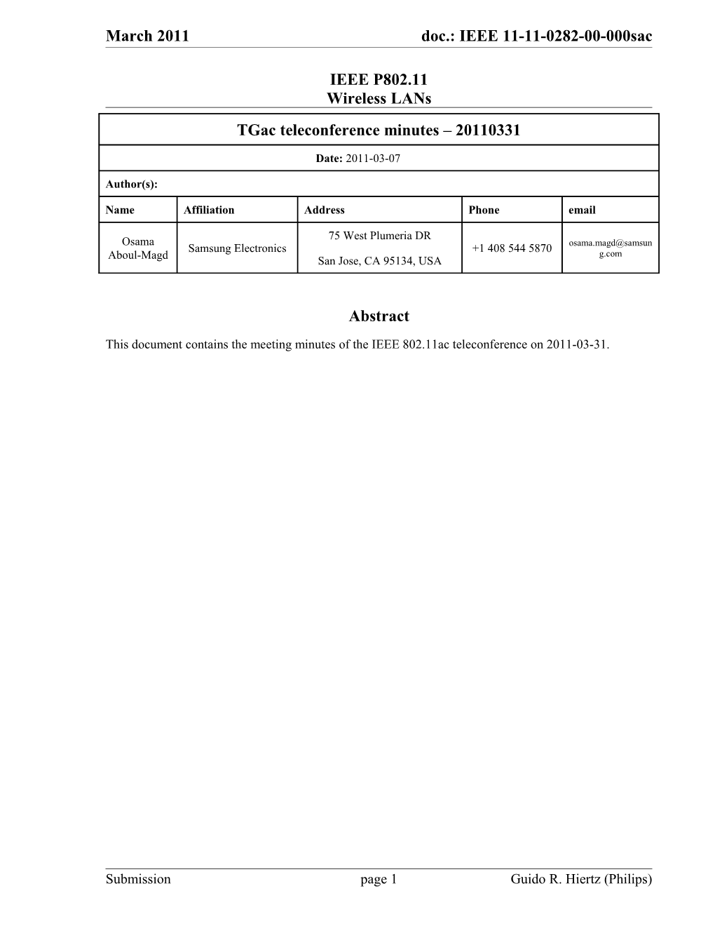 This Document Contains the Meeting Minutes of the IEEE 802.11Ac Teleconference on 2011-03-31
