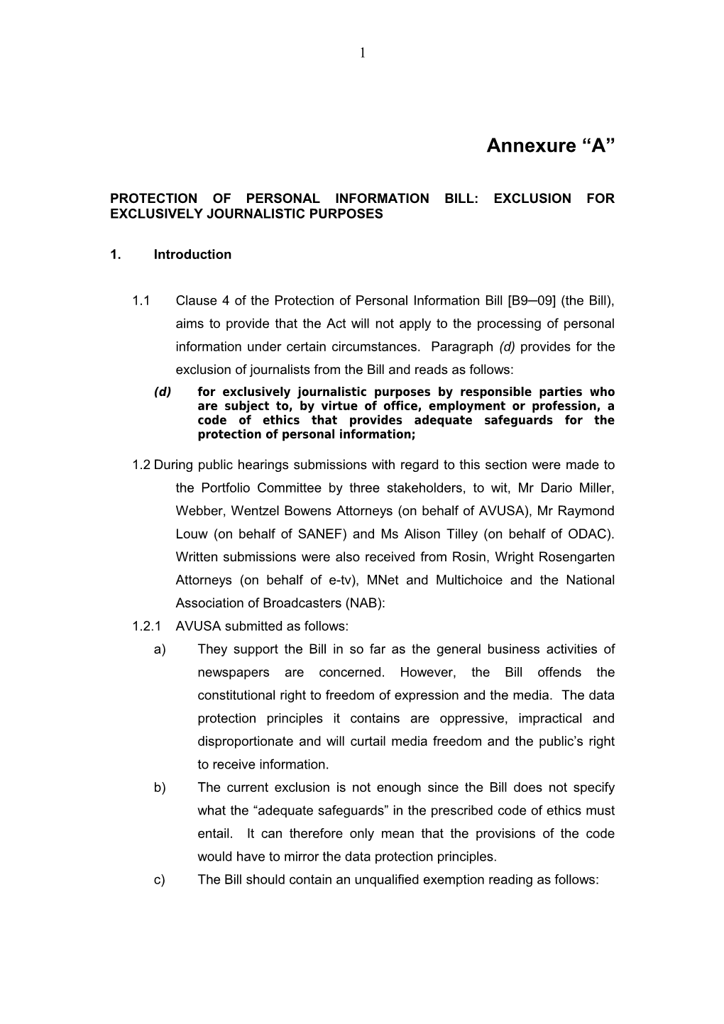 Protection of Personal Information Bill: Clause 4: Exclusions
