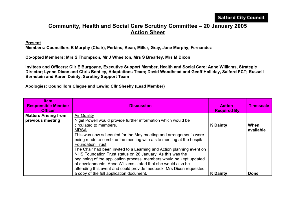 Community, Health and Social Care Scrutiny Committee 20 January 2005