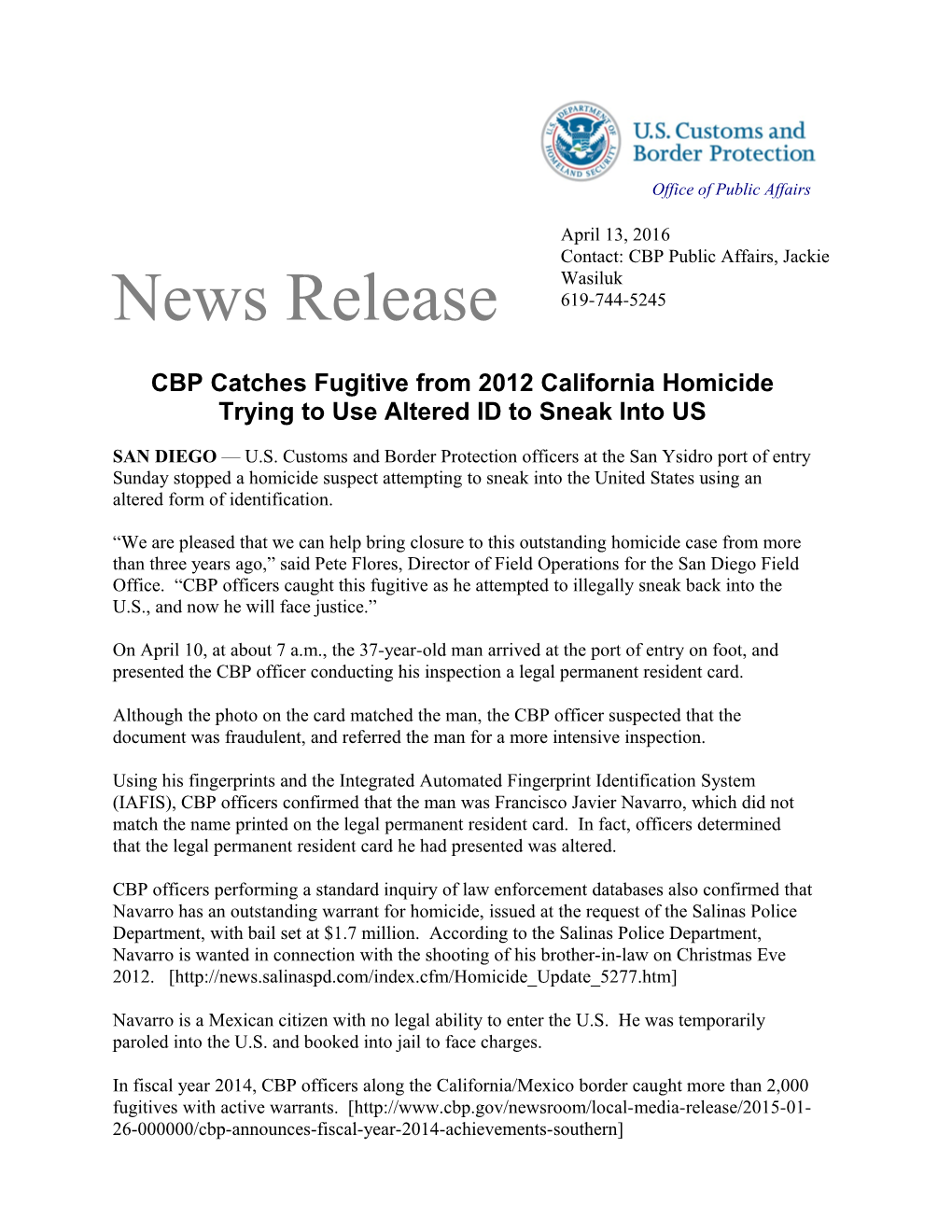 CBP Catches Fugitive from 2012 California Homicide Trying to Use Altered ID to Sneak Into US