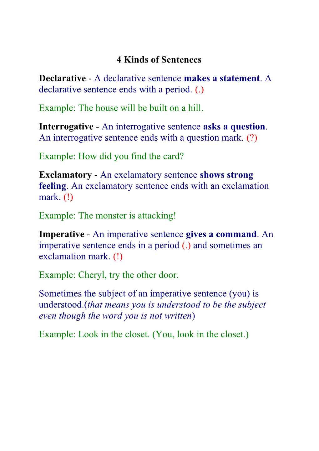4 Kinds of Sentences