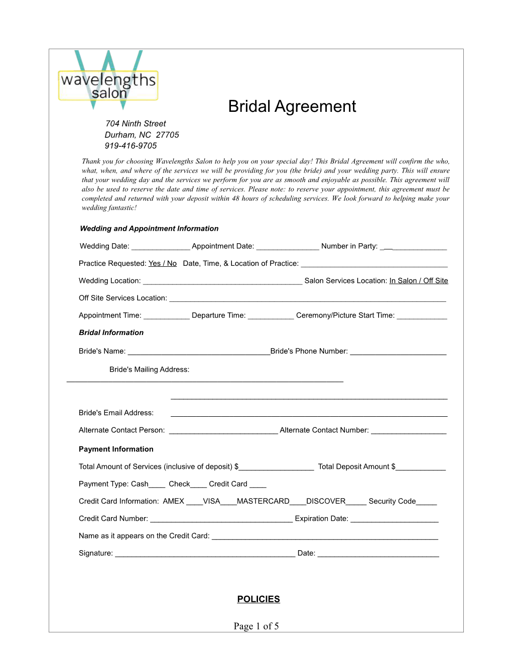 Wedding and Appointment Information