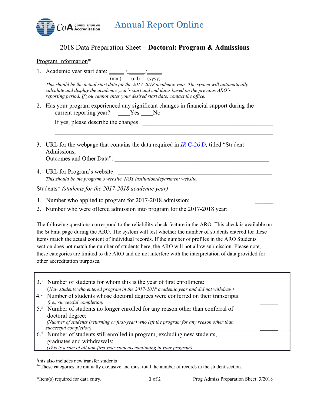 2018 Data Preparation Sheet Doctoral: Program Admissions
