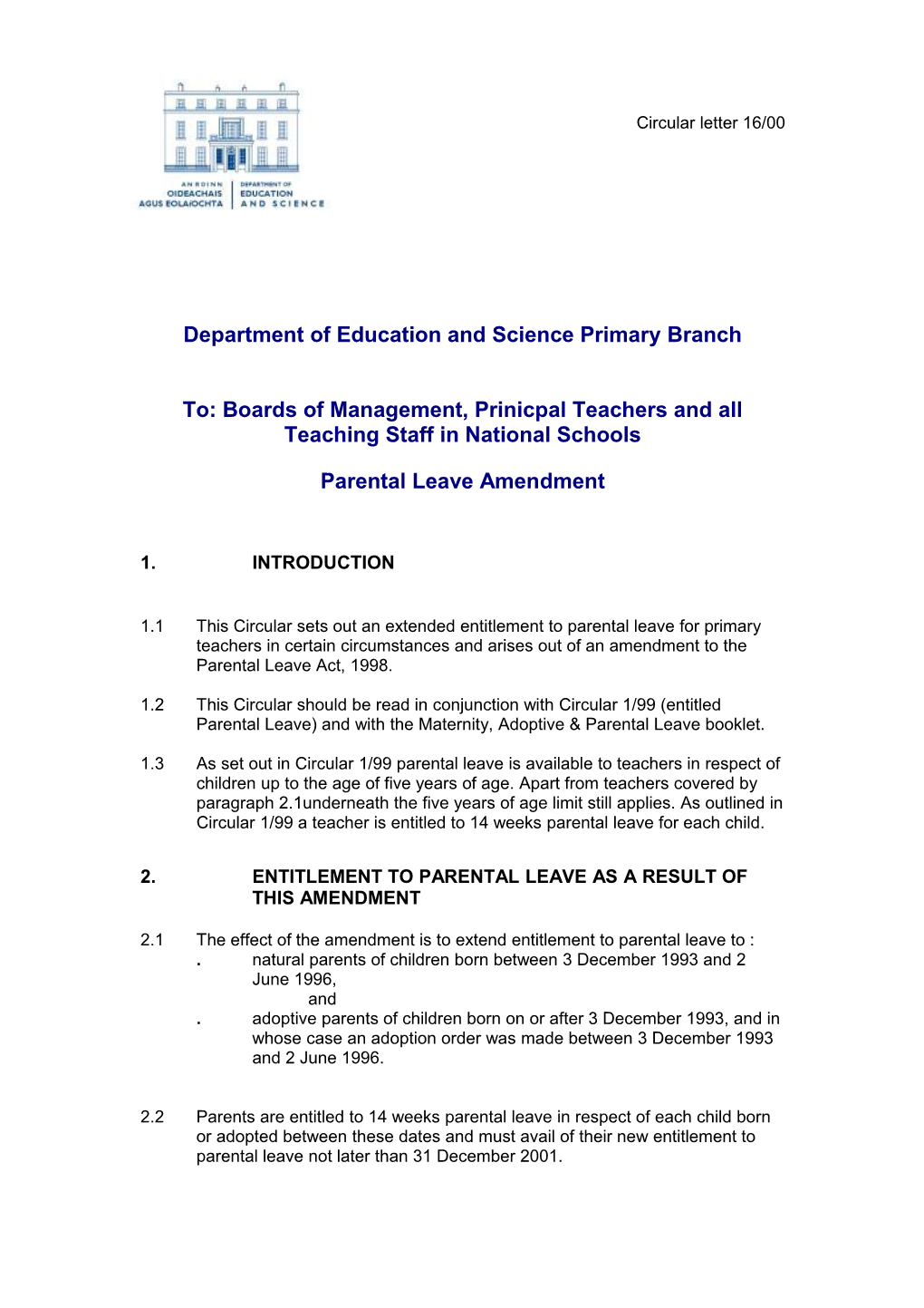 Primary Circular 16/00 Parental Leave Amendment (Word Format 36KB)