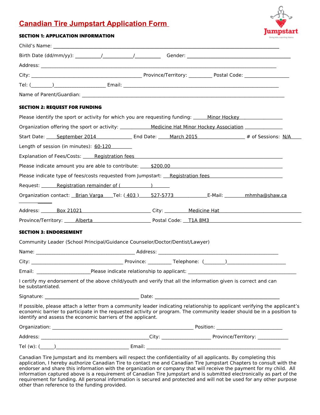 Appendix C: Canadian Tire Jumpstart Application Form