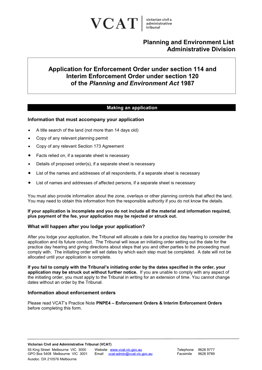 Application for Enforcement Order Under Section 114 And