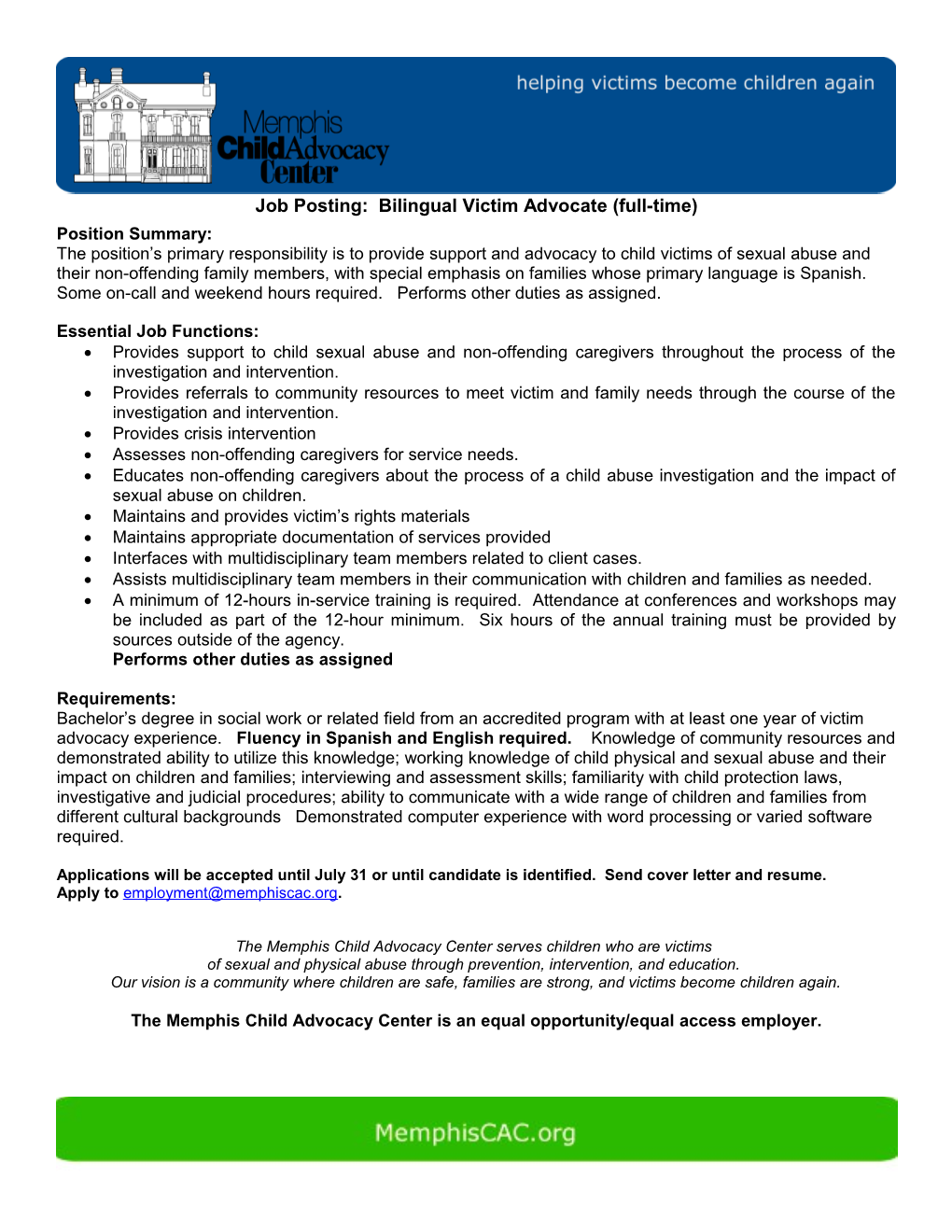 Job Posting: Bilingual Victim Advocate (Full-Time)