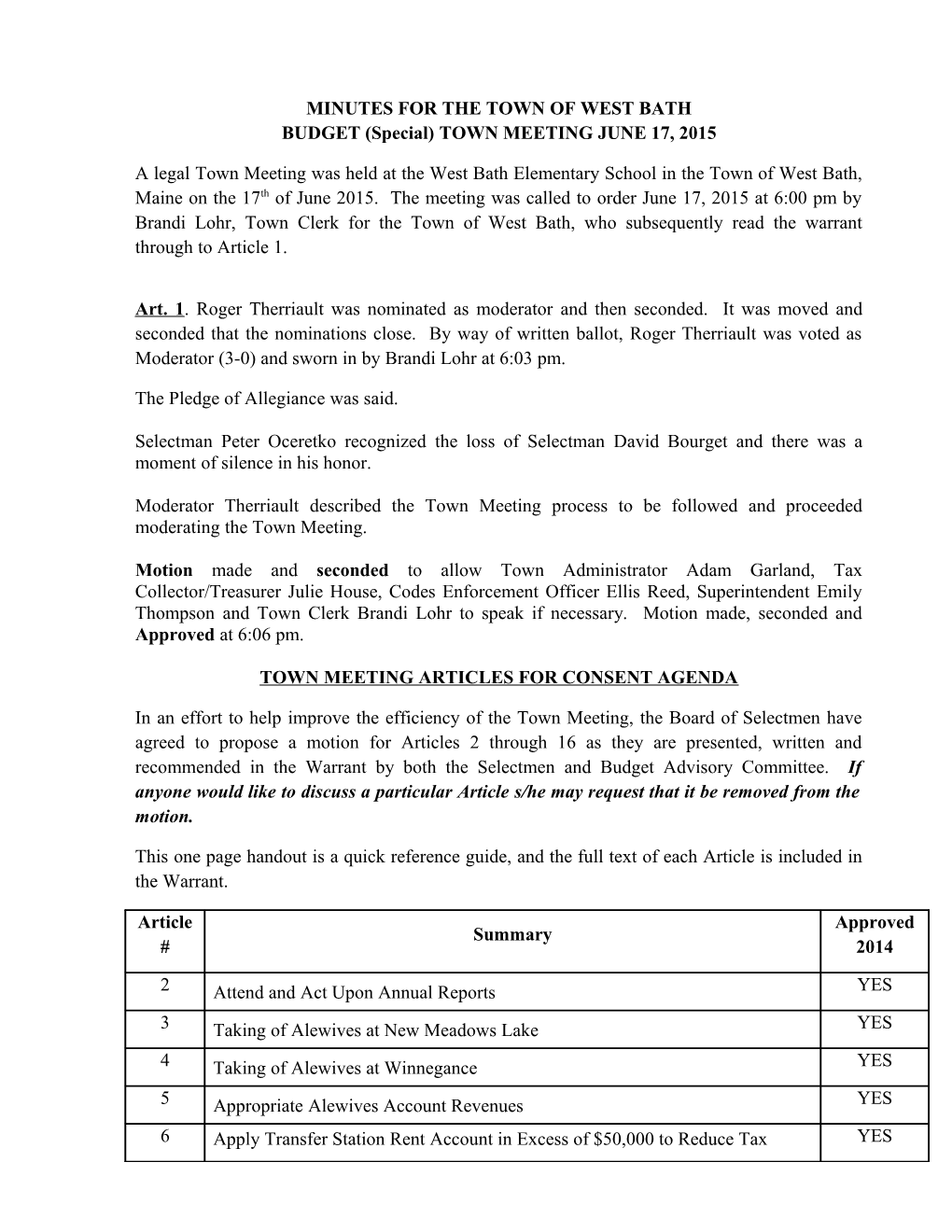 MINUTES for the TOWN of WEST BATH BUDGET (Special) TOWN MEETING JUNE 17, 2015