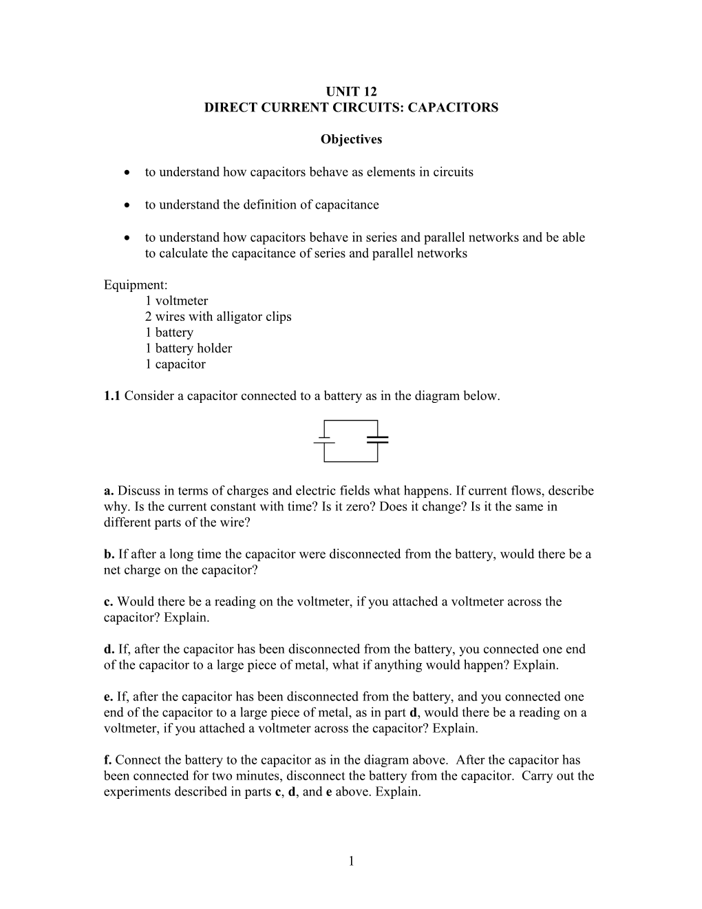 Unit 27: Direct Current Circuits: Capacitors