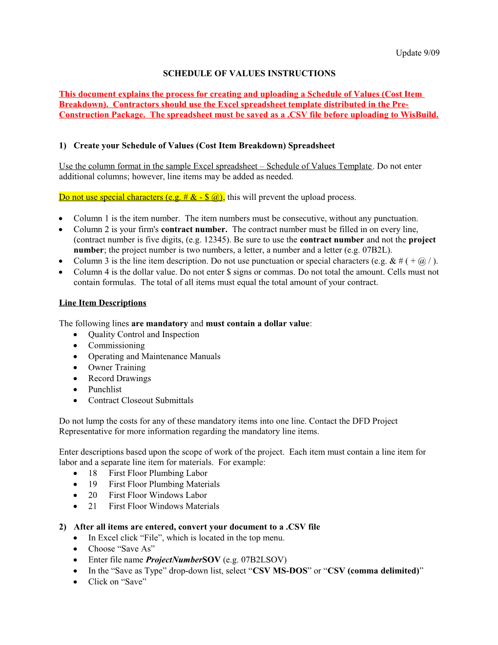 Schedule Of Values Instruction Sheet