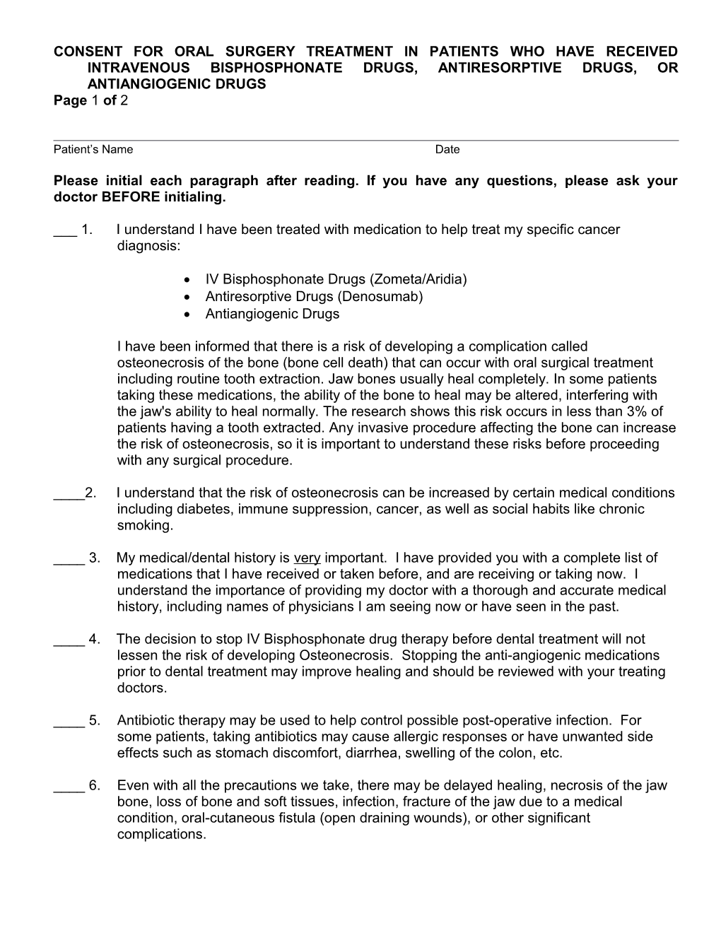 Consent For IV Bisphosphonate Drugs