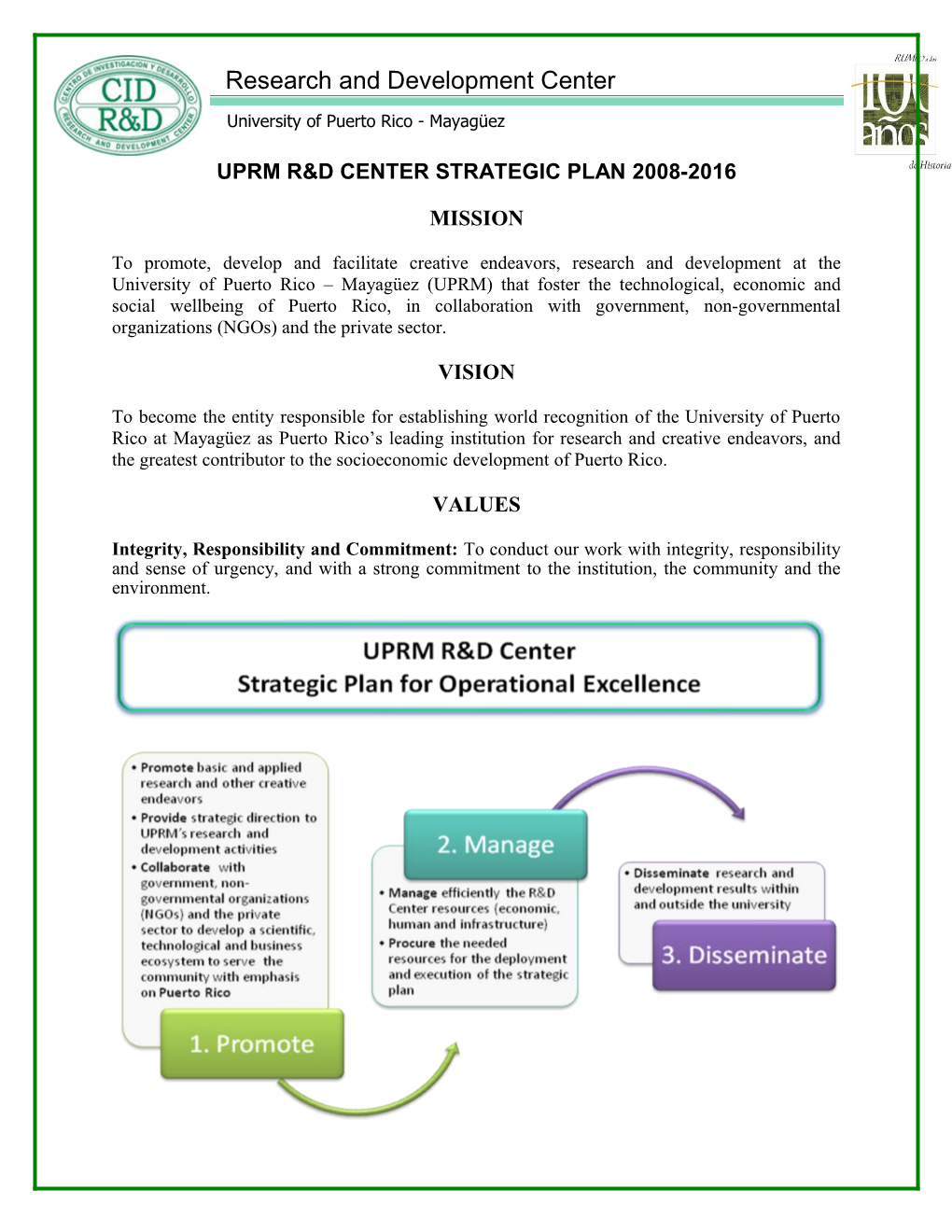 Uprm R&D Center Strategic Plan 2008-2016