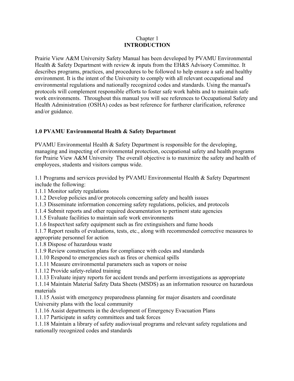 1.0 PVAMU Environmental Health & Safety Department