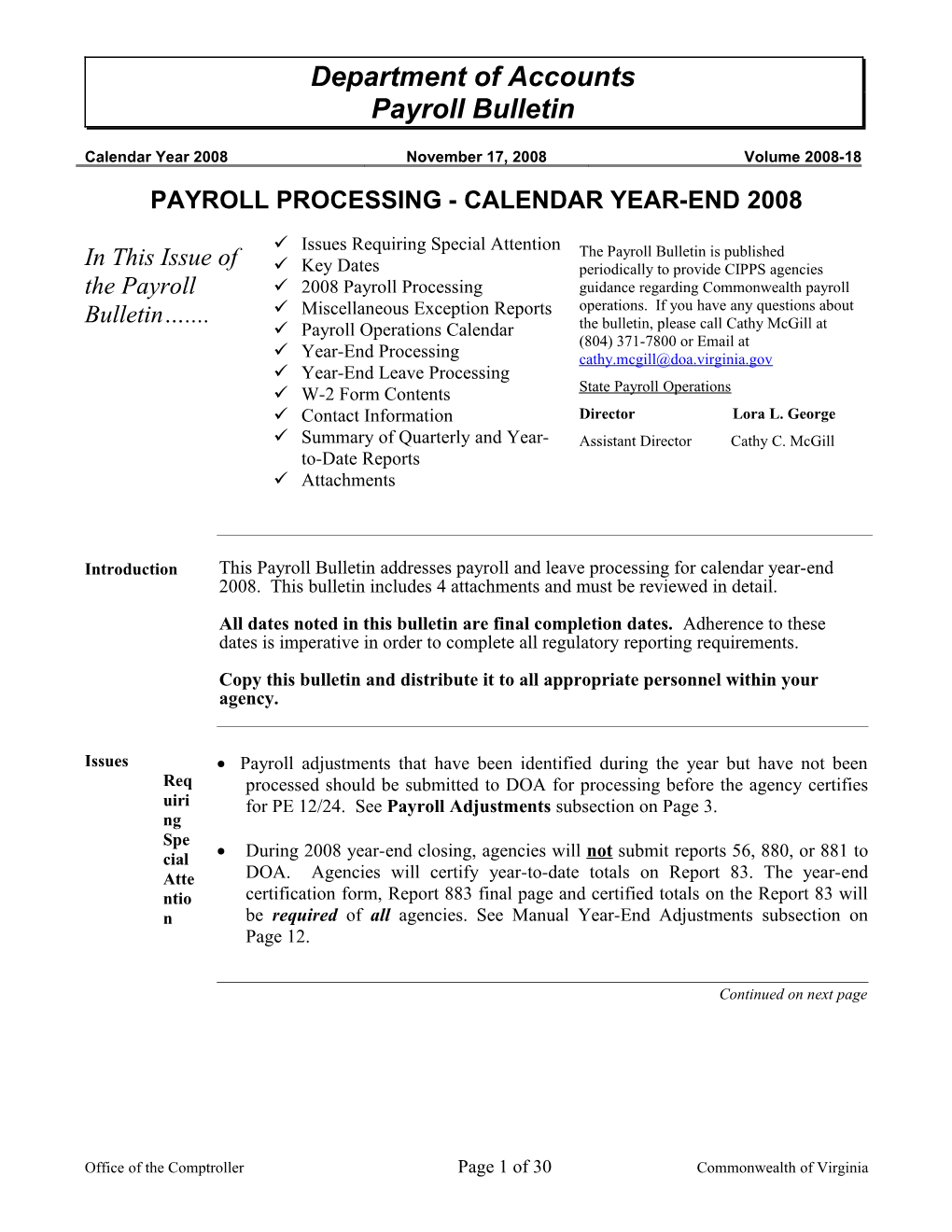 Payroll Bulletin - Calendar Year-End 2008 s1