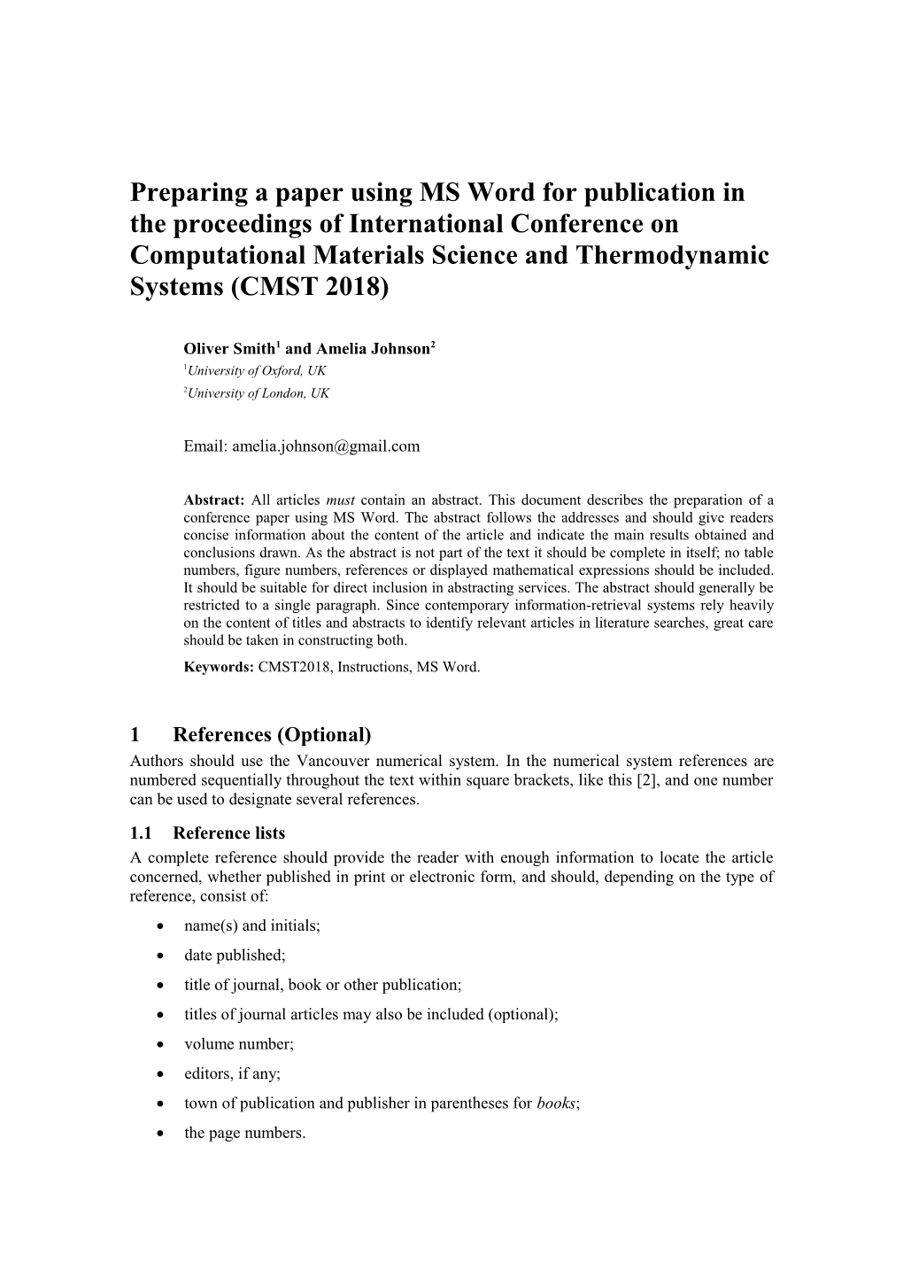 Preparing a Paper Using MS Word for Publication in the Proceedings of International Conference