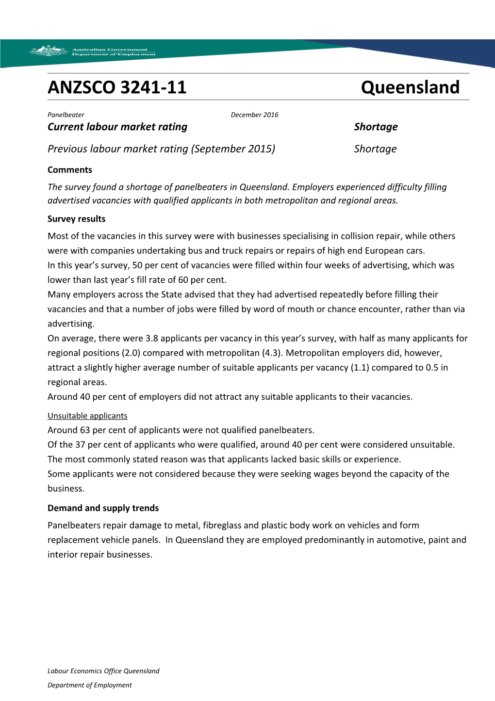 ANZSCO 3241-11 Queensland Panelbeater December 2016