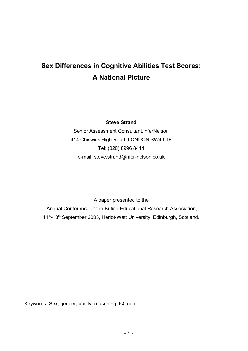 Sex Differences in Cognitive Abilities Test Scores