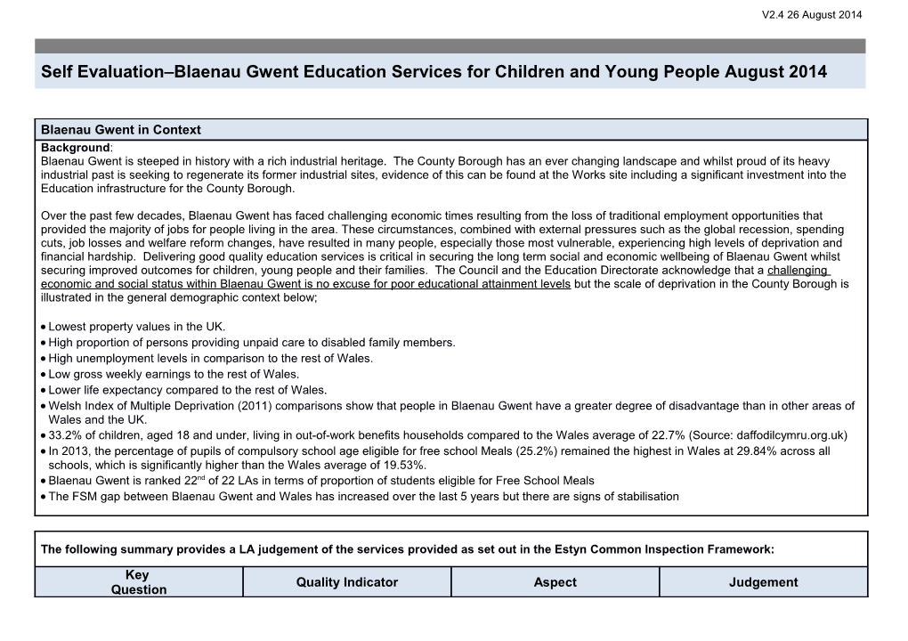 Self Evaluation Blaenau Gwent Education Services for Children and Young People August 2014