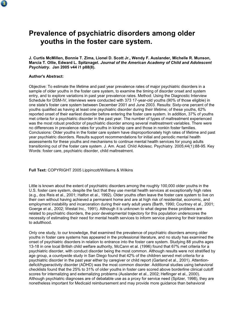 Prevalence of Psychiatric Disorders Among Older Youths in the Foster Care System