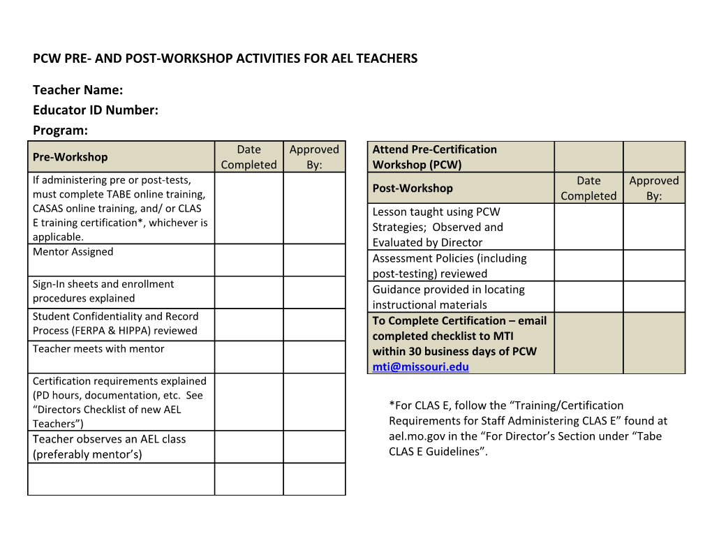 Pcw Pre- and Post-Workshop Activities for Ael Teachers