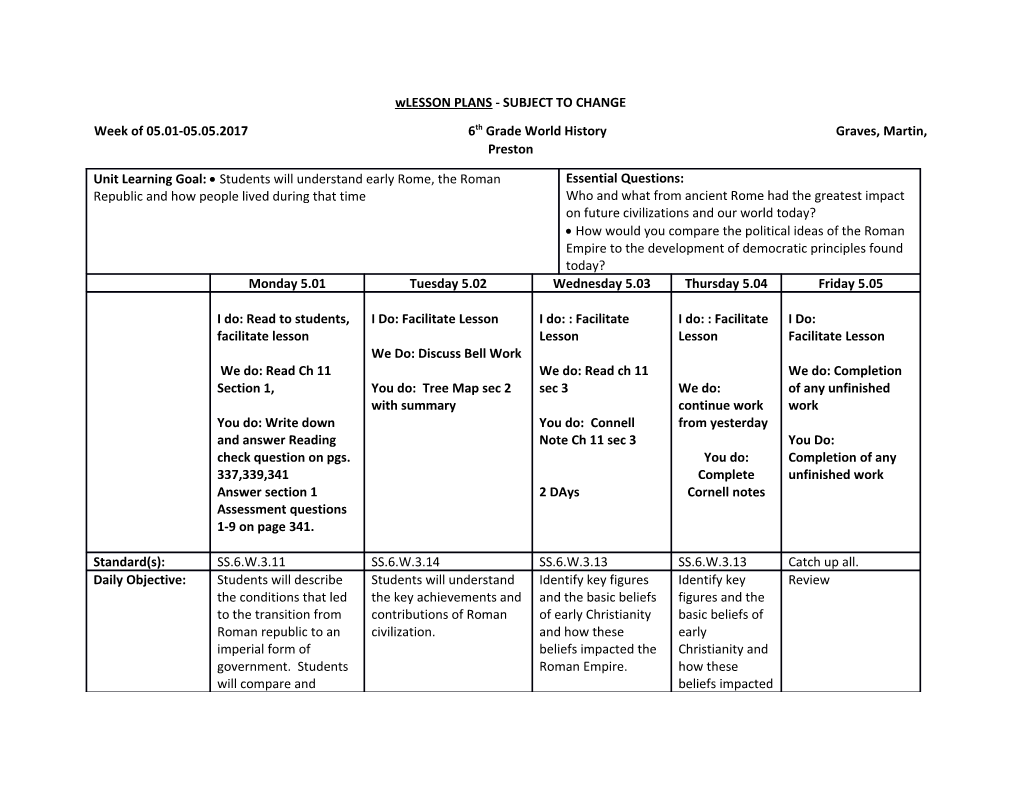 Wlesson PLANS - SUBJECT to CHANGE