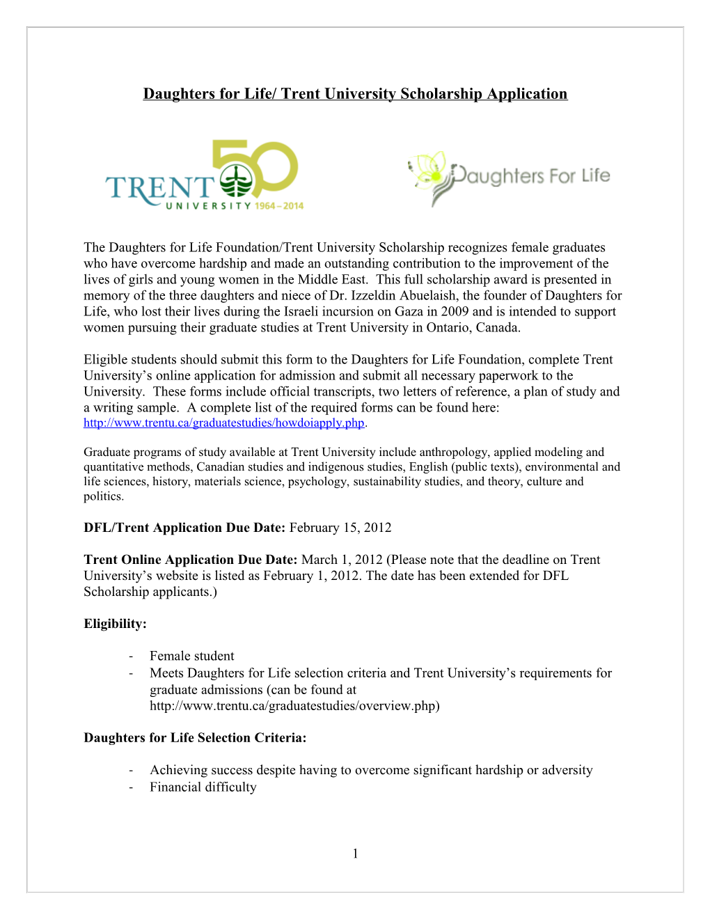 Daughters for Life/ Trent University Scholarship Application