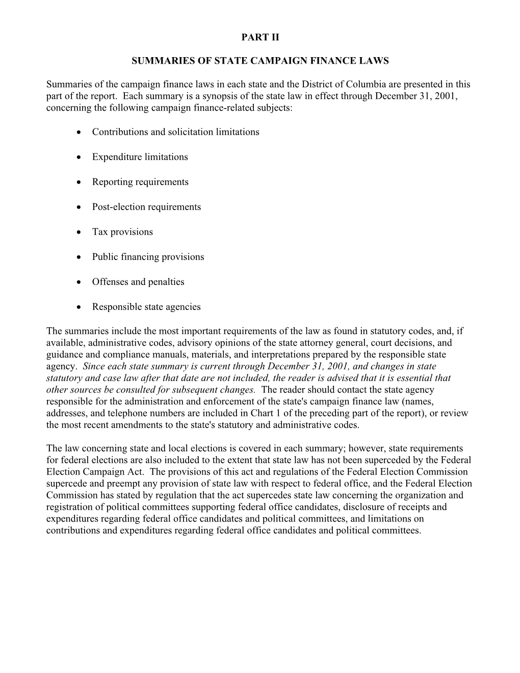 Summaries of State Campaign Finance Laws