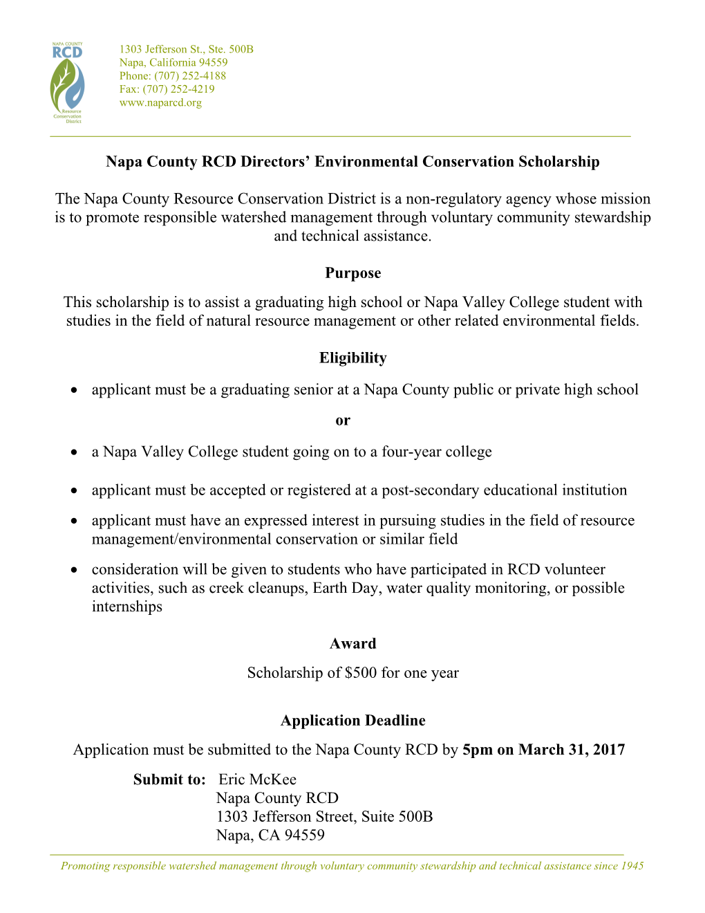 Napa County RCD Directors Environmental Conservation Scholarship