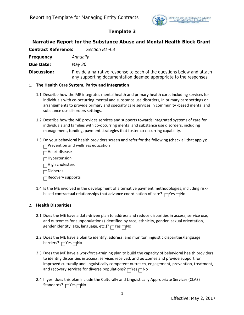Narrative Report for the Substance Abuse and Mental Health Block Grant